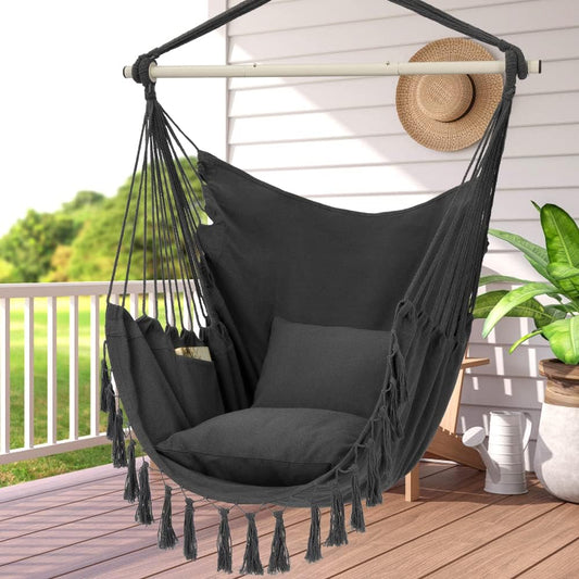 Hammock Chair Hanging Rope Swing, Max 500 Lbs, 2 Cushions Included, Large Macrame Hanging Chair with Pocket, Cotton Weave for Superior Comfort, Durability (Dark Grey)