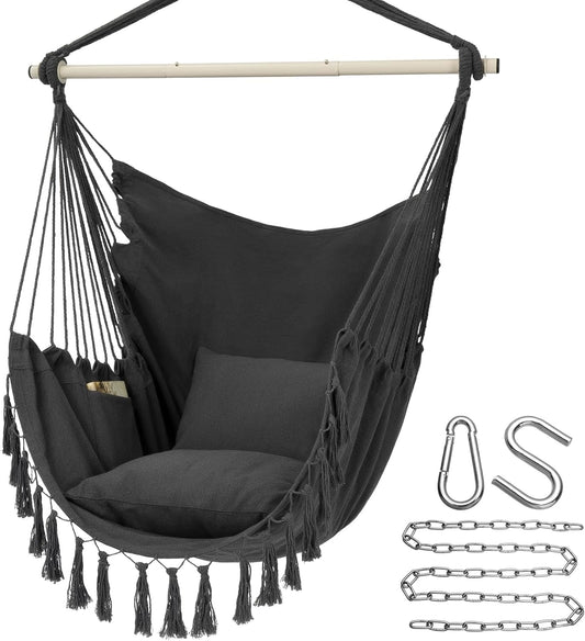 Hammock Chair Hanging Rope Swing, Max 500 Lbs, 2 Cushions Included, Large Macrame Hanging Chair with Pocket, Cotton Weave for Superior Comfort, Durability (Dark Grey)
