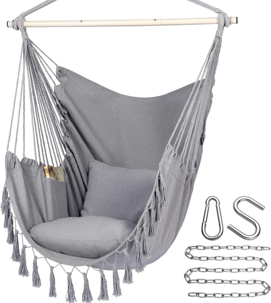 Hammock Chair Hanging Rope Swing, Max 500 Lbs, 2 Cushions Included, Large Macrame Hanging Chair with Pocket for Superior Comfort, with Hardware Kit (Light Grey)