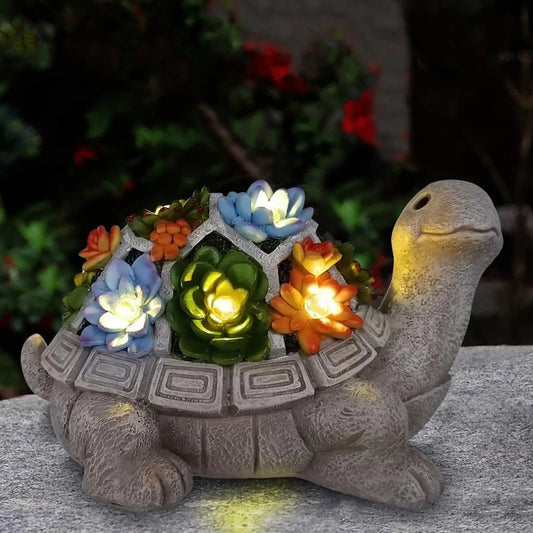 Solar Garden Outdoor Statues | Turtle with Succulent | 7 LED Lights Lawn Decor for Patio, Balcony, Yard