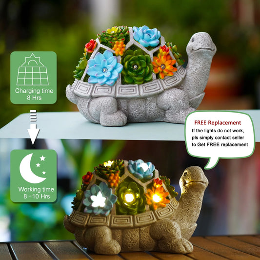Solar Garden Outdoor Statues | Turtle with Succulent | 7 LED Lights Lawn Decor for Patio, Balcony, Yard